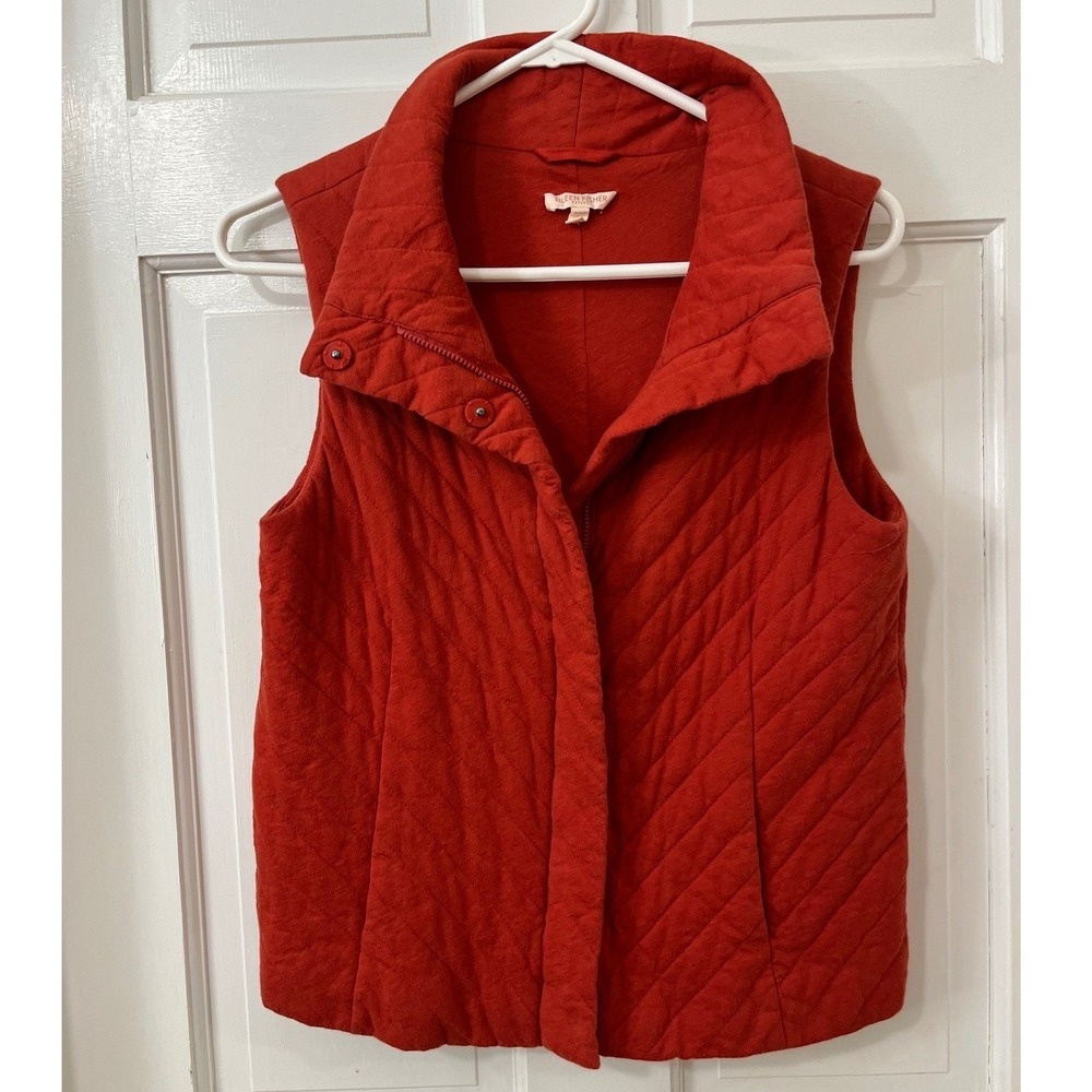 Eileen Fisher Petite Sm Quilted Vest Cotton Snap Front Zip‎ Insulated Cozy Rust